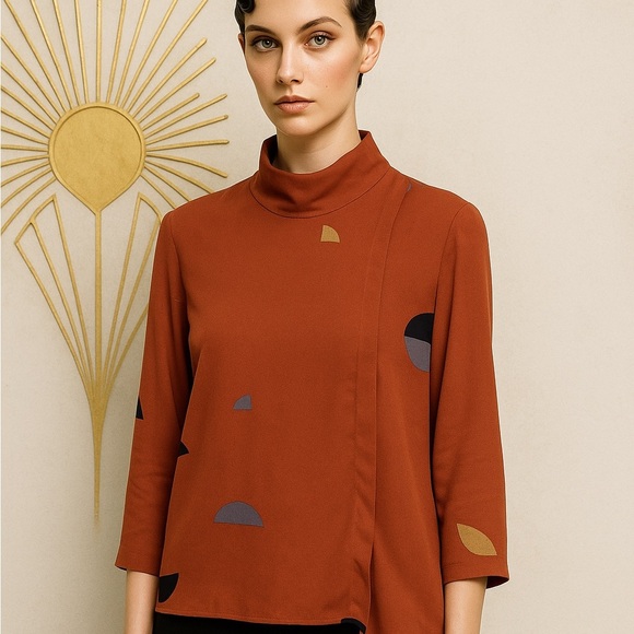 Eve gravel Mirage Pac-Man 3/4 Wrap Art Deco MCM Blouse Top - Picture 1 of 8